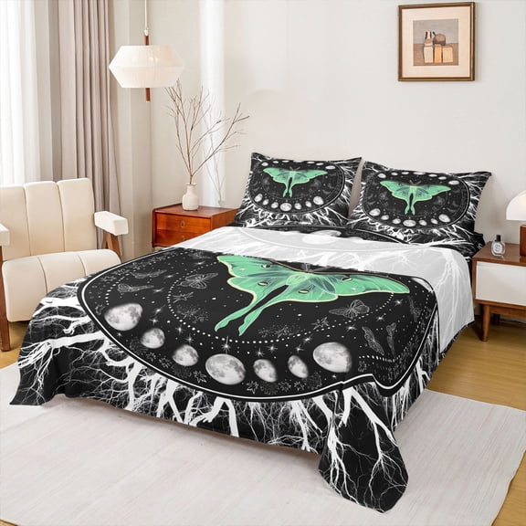 Homewish Hippie Tribal Moth Queen Sheet Sets, Mystic Sun Moon Galaxy Flat Sheet, Western Life Tree Queen Fitted Sheet, Ultra Soft Bedroom Decor, 4pcs