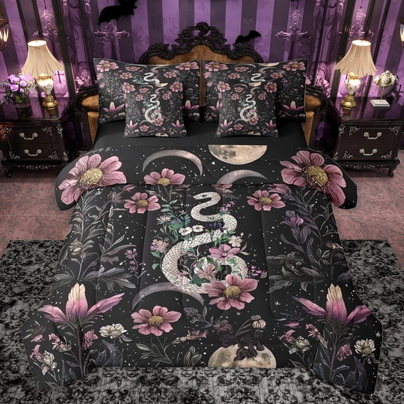 Homewish Hippie Tribal Snake Bedding Comforter Set 7pcs, Rustic Boho Animal King Bedding Sets, Jungle Groovy Flower Botanical Reversible Bed Sheets, Microfiber Bedroom Decor