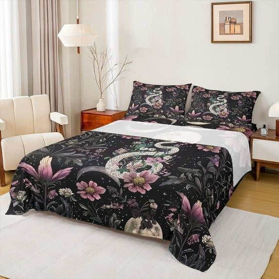 Homewish Hippie Tribal Snake Queen Sheet Sets, Rustic Boho Animal Flat Sheet, Jungle Groovy Flower Botanical Queen Fitted Sheet, Microfiber Bedroom Decor, 4 Pieces