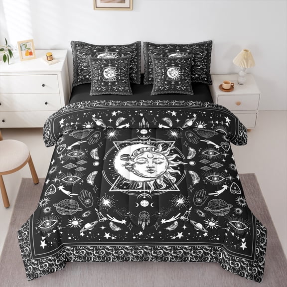 Homewish Hippie Western Sun Twin Bedding Sets 7-Piece for Kids, Tribal Moon Planet Bedding Comforter Set, Outer Space Reversible Sheet Sets, Ultra Soft Bedroom Decor