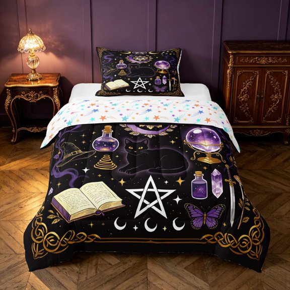 Homewish Hippie Witch Twin Comforter Sets for Girls, Halloween Divination Bedding Set, Purple Black Gold, Colorful Stars Reversible 2 Piece, 1 Comforter and 1 Pillowcase
