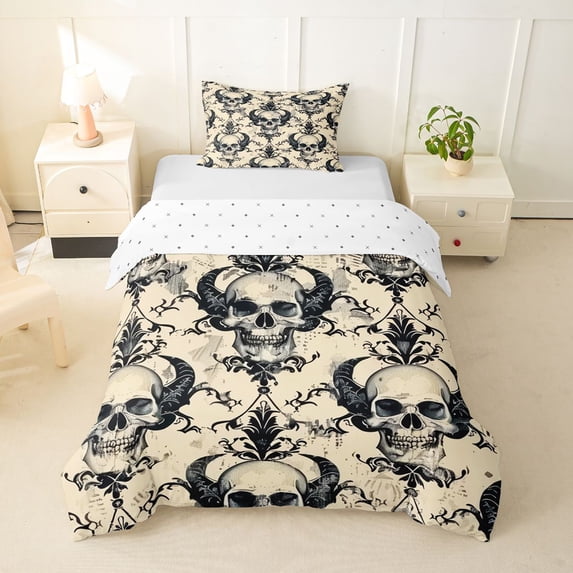 Homewish Hipple Damask Skull Twin Duvet Cover,Gothic Halloween Twin Bedding,Beige,Reversible,2 Pieces,1 Duvet Cover and 1 Pillowcase