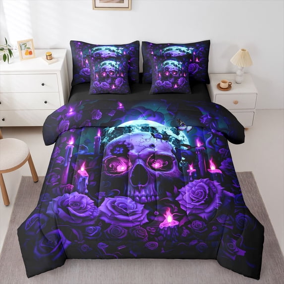Homewish Hipple Death Skull 7pcs Queen Bedding,Retro Purple Rose Bedding Comforter Set Queen,Happy Halloween Bed Set,Black Reversible