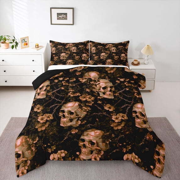 Homewish Hipple Death Skull Queen Comforter Set,Goth Floral Comforter Sets Queen,Halloween Duvet,Black Reversible,3-Piece,1 Comforter and 2 Pillowcases