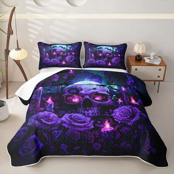 Homewish Hipple Death Skull Quilt King,Retro Purple Rose King Coverlet Set,Happy Halloween Duvet,3 Pieces