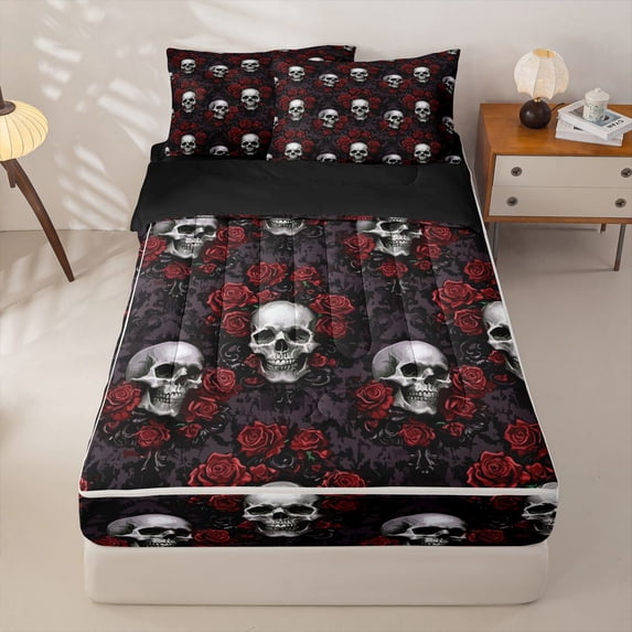 Homewish Hipple Death Skull Zipper Queen Comforter Set with Fitted Sheet and 2 Pillowcases,Grunge Red Flowers Zipper Bedding Set,Happy Halloween Bed Set,Black Reversible,4pcs