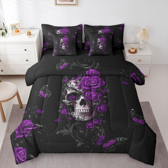Homewish Hipple Halloween Skull 7-Piece Twin Bedding,Romantic Rose Butterfly Bedding Comforter Set,Black Reversible