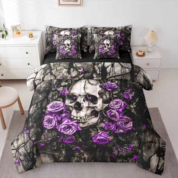 Homewish Hipple Halloween Skull 7pcs Queen Bedding,Purple Rose Flower Bedding Comforter Set Queen,Black Reversible