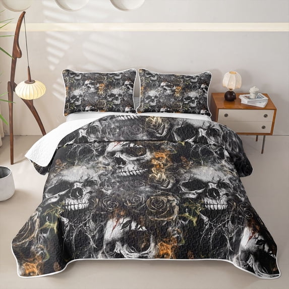 Homewish Hipple Halloween Skull Bed Spread Queen,Vintage Rose Floral Queen Coverlet Set,Gray Orange,3 Pieces