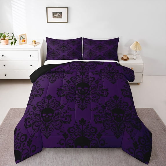 Homewish Hipple Halloween Skull Full Size Comforter Sets,Boho Damask Bedding Comforter Set,Purple Black,Black Reversible,3 Pieces,1 Comforter and 2 Pillowcases