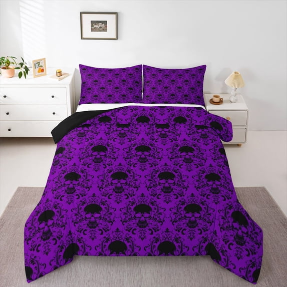 Homewish Hipple Halloween Skull Full Size Comforter Sets,Purple Damask Bedding Comforter Set,Black Reversible,3-Piece,1 Comforter and 2 Pillowcases