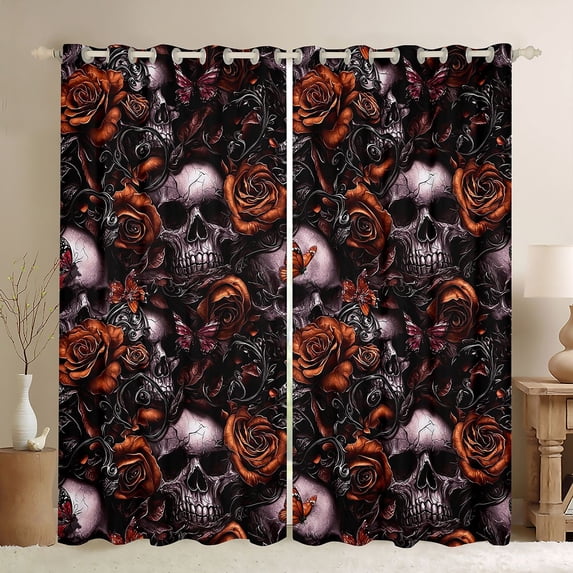 Homewish Hipple Halloween Skull Kitchen Curtains,Gothic Romantic Rose Black Out Curtains Pack of 2 (42x63 Each),Orange