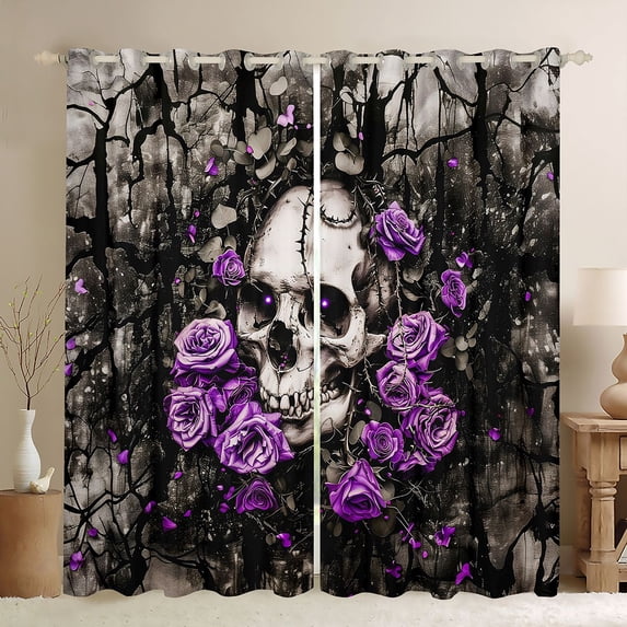 Homewish Hipple Halloween Skull Kitchen Curtains,Purple Rose Flower Black Out Curtains Pack of 2 (42x63 Each)