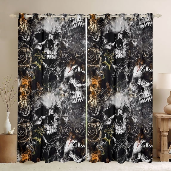Homewish Hipple Halloween Skull Kitchen Curtains,Vintage Rose Floral Black Out Curtains Pack of 2 (42x63 Each),Gray Orange