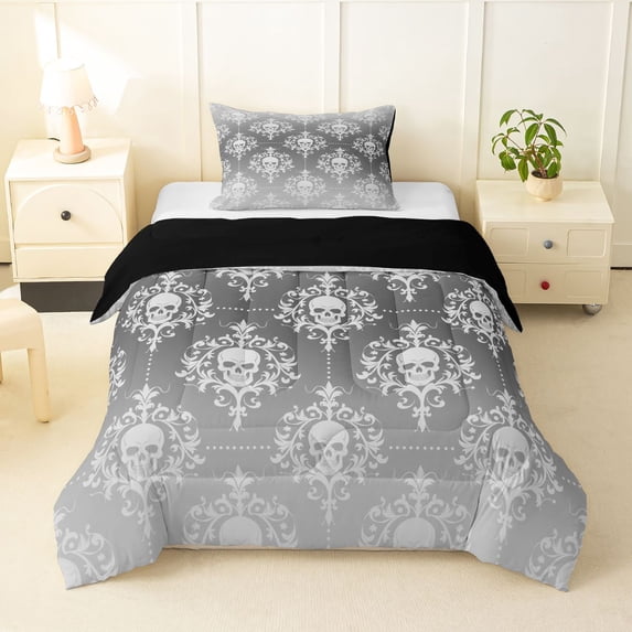 Homewish Hipple Halloween Skull Twin Comforter Sets,Victorian Damask Bedding Set,Gray White,Black Reversible,2 Pieces,1 Comforter and 1 Pillowcase