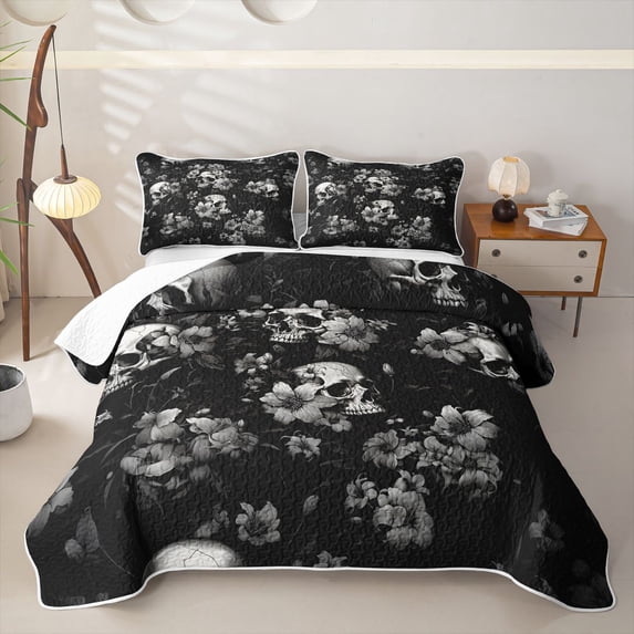 Homewish Hipple Halloween Skull Twin Quilt Set,Flower Blossom Twin Coverlet Set,Gray,2 Pieces