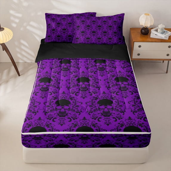 Homewish Hipple Halloween Skull Zipper Queen Comforter Set with Fitted Sheet and 2 Pillowcases,Purple Damask Zipper Bedding Set,Black Reversible,4pcs