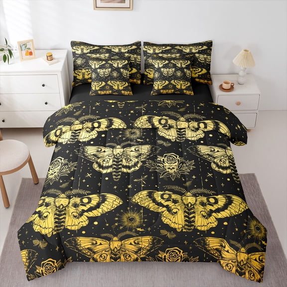 Homewish Hipple Moth 7-Piece Twin Bedding,Floral Sugar Skull Bedding Comforter Set,Gray Black,Halloween Bed Set,Black Reversible