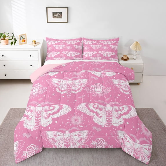 Homewish Hipple Moth Full Size Comforter Sets,Flower Skull Bedding Comforter Set,Pink,Halloween Duvet,Pink Reversible,3 Pieces,1 Comforter and 2 Pillowcases