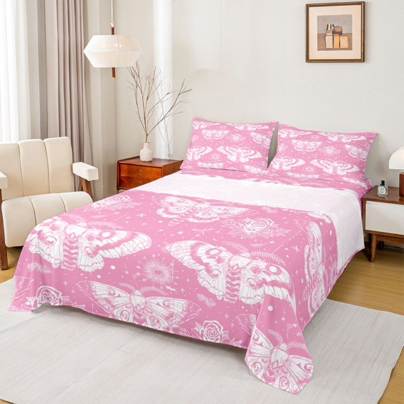 Homewish Hipple Moth Queen Sheets,Flower Skull Queen Sheet Sets,Pink,Halloween Bed Set,4pcs,1 Flat Sheet, 1 Fitted Sheet and 2 Pillowcases