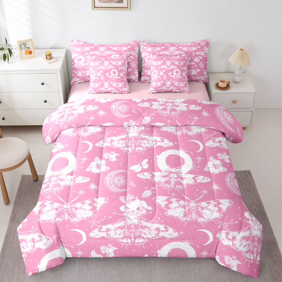 Homewish Hipple Moth Skull 7-Piece Twin Bedding,Happy Halloween Bedding Comforter Set,Pink,Moon Floral Bed Set,Pink Reversible