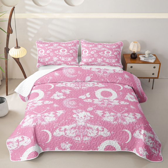 Homewish Hipple Moth Skull Quilt Full,Happy Halloween Full Bedspread Sets,Pink,Moon Floral Duvet,3pcs