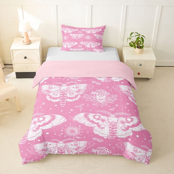 Homewish Hipple Moth Twin Duvet Cover,Flower Skull Twin Bedding,Pink,Halloween Comforter Cover,Pink Reversible,2-Piece,1 Duvet Cover and 1 Pillowcase