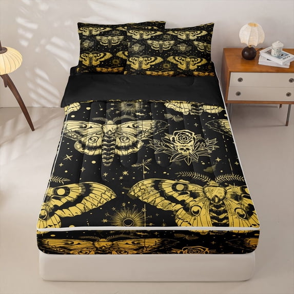 Homewish Hipple Moth Zipper Twin Comforter Sets with Fitted Sheet and 2 Pillowcases,Floral Sugar Skull Zipper Bedding Set,Gray Black,Halloween Bed Set,Black Reversible,4pcs