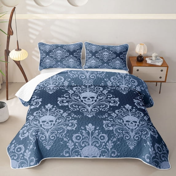 Homewish Hipple Skull Damask Quilt King,Happy Halloween King Coverlet Set,3 Pieces