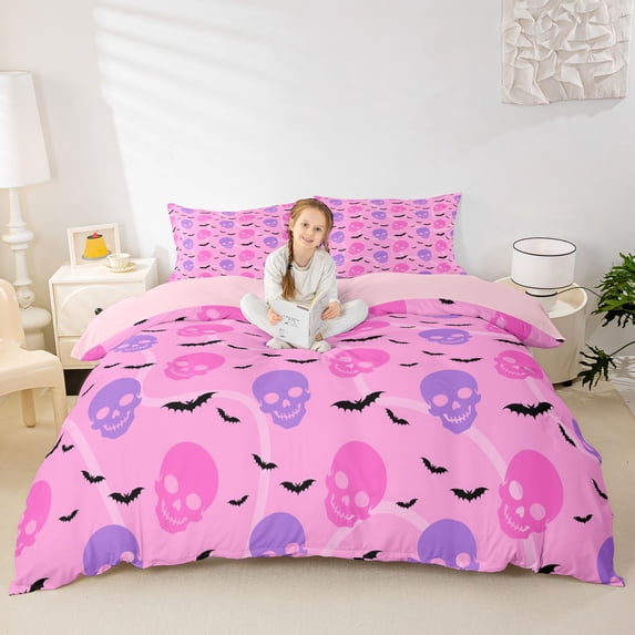 Homewish Hipple Skull Duvet Cover Queen,Halloween Bats Queen Bedding,Pink Purple,Pink Reversible,3-Piece,1 Duvet Cover and 2 Pillowcases