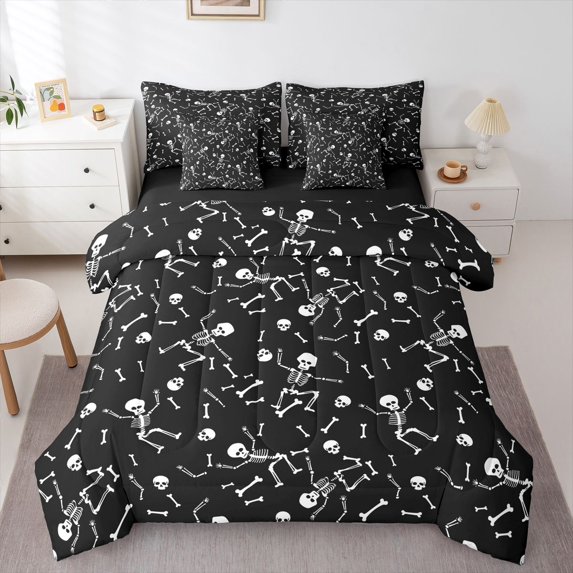 Homewish Hipple Skull Skeleton 7 Pieces Full Size Bedding Sets,Gothic Halloween Full Size Bed in a Bag,White Black,Black Reversible