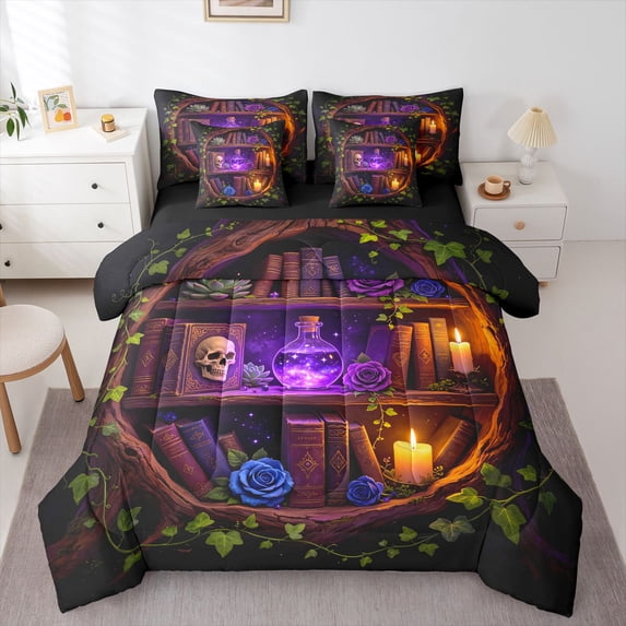 Homewish Hipple Skull Skeleton 7pcs Queen Bedding,Rose Flower Bookshelf Bedding Comforter Set Queen,Halloween Bed Set,Black Reversible