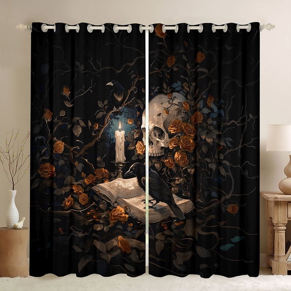 Homewish Hipple Sugar Skull Blackout Curtains,Orange Rose Floral Curtains Pack of 2 (42x84 Each),Halloween Living Room Curtains
