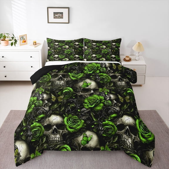 Homewish Hipple Sugar Skull Queen Comforter Set,Green Rose Floral Comforter Sets Queen,Happy Halloween Duvet,Black Reversible,3pcs,1 Comforter and 2 Pillowcases