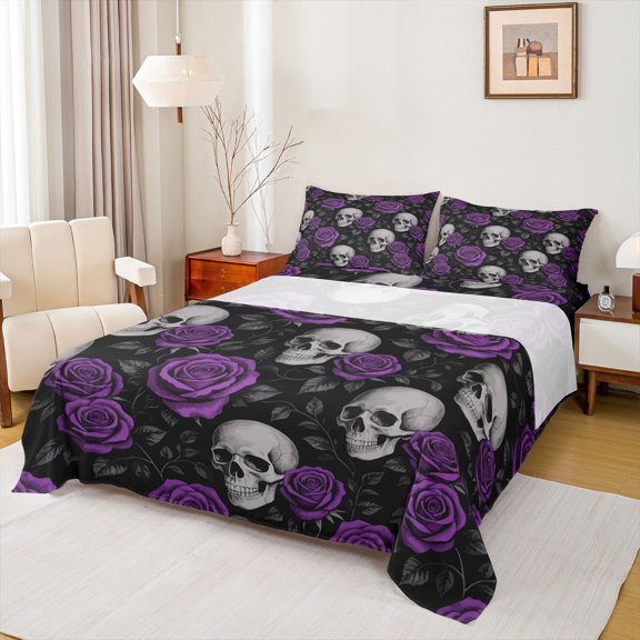 Homewish Hipple Sugar Skull Queen Sheets,Purple Rose Flowers Queen Sheet Sets,Halloween Bed Set,4 Pieces,1 Flat Sheet, 1 Fitted Sheet and 2 Pillowcases