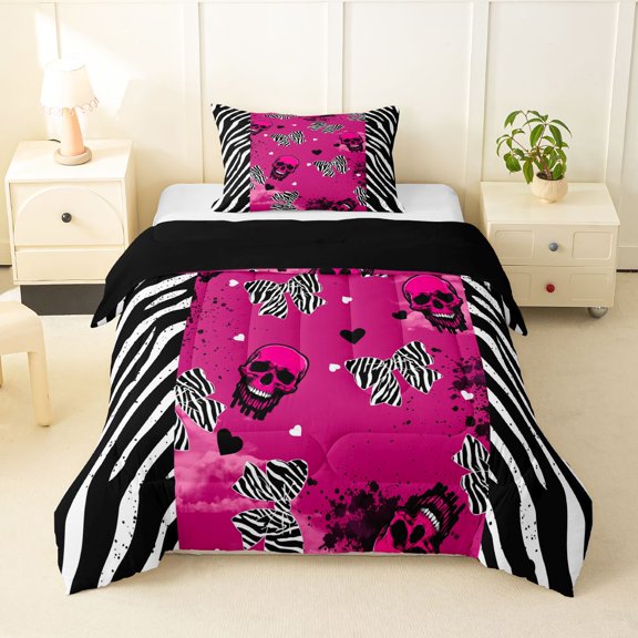 Homewish Hipple Sugar Skull Twin Comforter Sets,Zebra Bow Printed Bedding Set,Black Pink,Halloween Duvet,Black Reversible,2 Pieces,1 Comforter and 1 Pillowcase