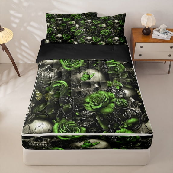 Homewish Hipple Sugar Skull Zipper Twin Comforter Sets with Fitted Sheet and 2 Pillowcases,Green Rose Floral Zipper Bedding Set,Happy Halloween Bed Set,Black Reversible,4pcs