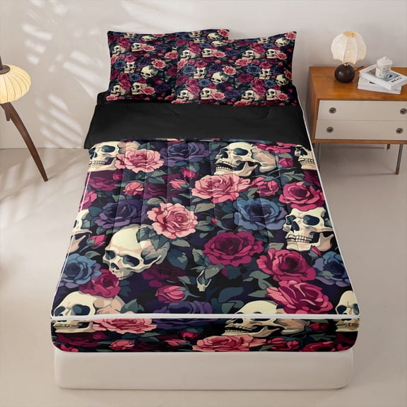 Homewish Hipple Sugar Skull Zipper Twin Comforter Sets with Fitted Sheet and 2 Pillowcases,Victorian Romantic Rose Zipper Bedding Set,Halloween Bed Set,Black Reversible,4pcs
