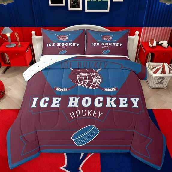 Homewish Hockey Game Gaming Queen Comforter Set,Ball Sport Theme Bedding Sets,Blue White Red Bedding Comforter Set For Teens,Luxury Bedroom Decor Reversible,3-Piece
