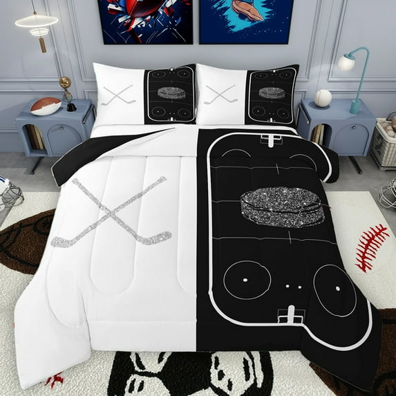 Homewish Hockey Gamer Queen Comforter Set,Ball Sport Bedding Sets,White Black Bedding Comforter Set For Boys Kids,Luxury Bedroom Decor Reversible,3pcs