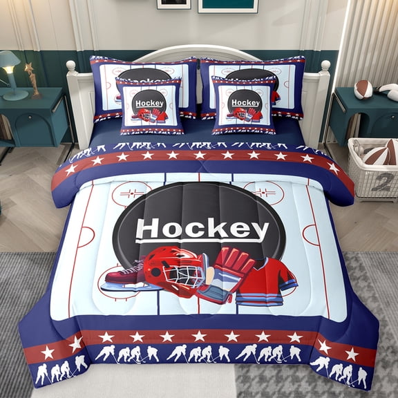 Homewish Hockey Helmet 7-Piece Twin Bedding Sets,Ball Sport Game Bedding Comforter Set,Blue Red Sheet Sets For Boys Kids,Super Cozy Room Decor Reversible