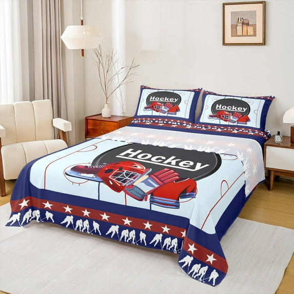 Homewish Hockey Helmet Twin Sheet Sets,Ball Sport Game Twin Fitted Sheet,Blue Red Flat Sheet For Boys Kids,Super Cozy Room Decor,3 Pieces