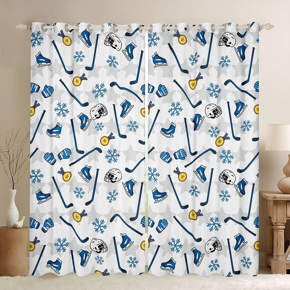 Homewish Hockey Sport Blackout Curtains Set of 2 (52x84 Each),Boys Ball Game Window Curtains,Blue White Curtains and Drapes For Teens,Super Cozy Room Decor