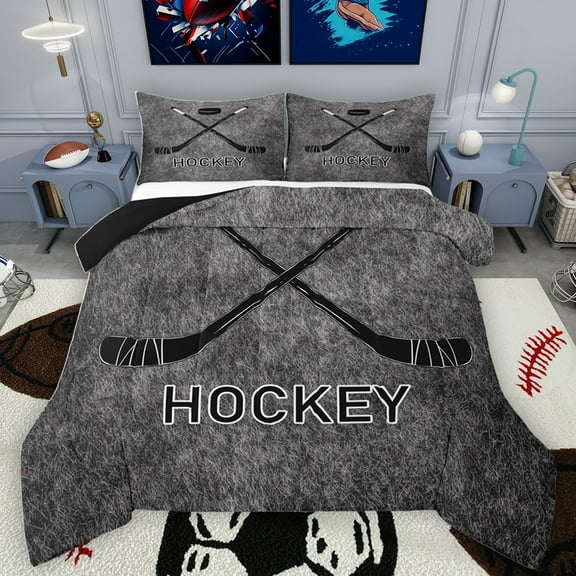 Homewish Hockey Sport Game Bedding Comforter Set,Boys Ball Gamer Twin Comforter Sets,Gray Black Bedding Set For Boys Teens,Breathable Home Decor Reversible,2-Piece