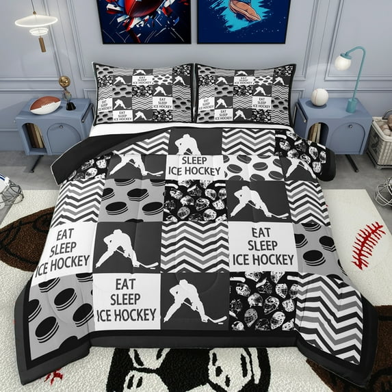 Homewish Hockey Sport Gamer Bedding Comforter Set,Wave Stripes Line Twin Comforter Sets,Gray Black Checkered Bedding Set For Kids,Luxury Bedroom Decor Reversible,2 Pieces