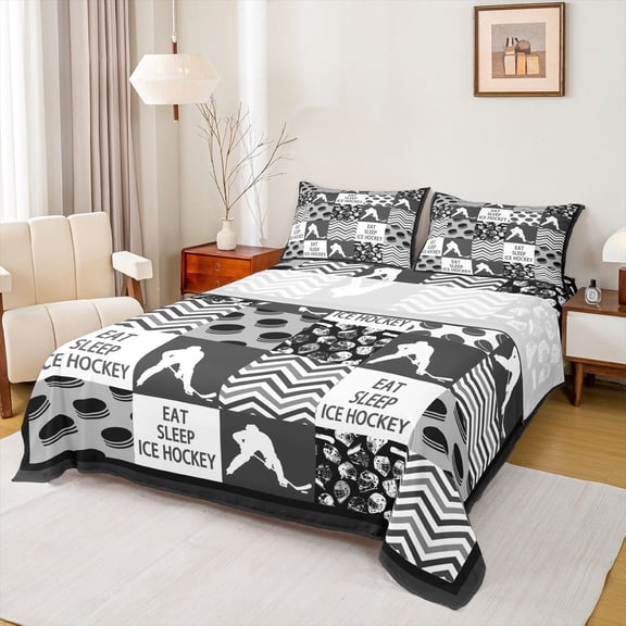 Homewish Hockey Sport Gamer Twin Sheet Sets,Wave Stripes Line Twin Fitted Sheet,Gray Black Checkered Flat Sheet For Kids,Luxury Bedroom Decor,3 Pieces