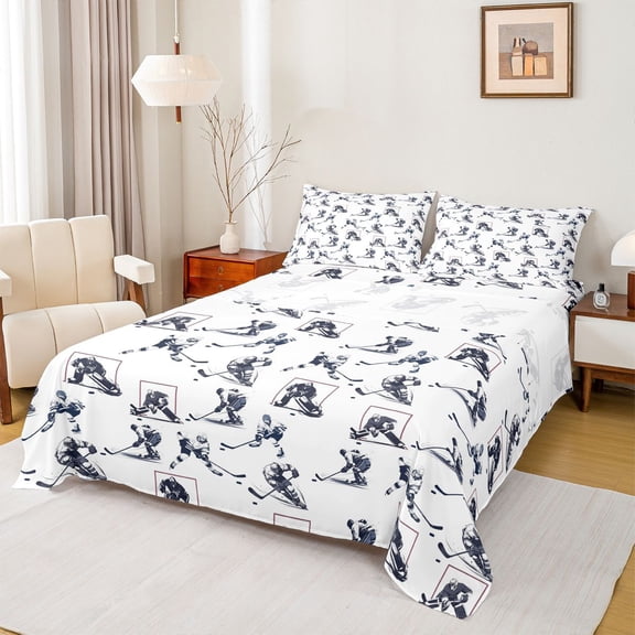 Homewish Hockey Sports Lovers Bed Sheets,Boys Ball Game King Sheets,White Gray Sheet Set For Boys Teens,Ultra Soft Home Decor,4 Pieces