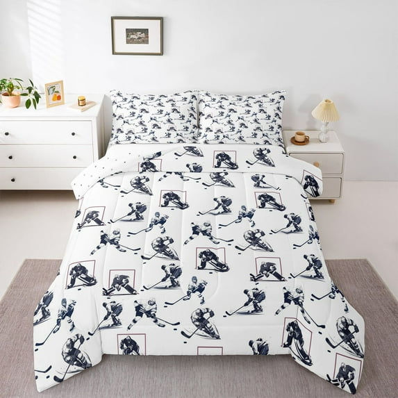 Homewish Hockey Sports Lovers Queen Comforter Set,Boys Ball Game Bedding Sets,White Gray Bedding Comforter Set For Boys Teens,Ultra Soft Home Decor Reversible,3-Piece