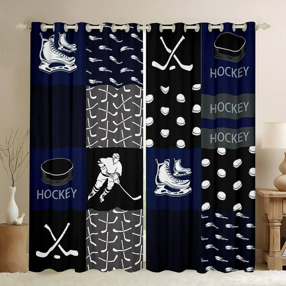 Homewish Hockey Stick Blackout Curtains Set of 2 (52x84 Each),Ice Hockey Lover Window Curtains,White Deepblue Curtains and Drapes For Boys Kids,Super Cozy Room Decor