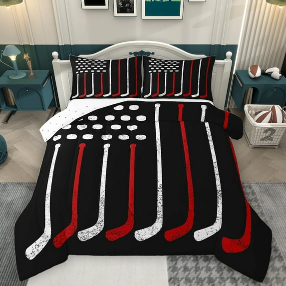Homewish Hockey Stick Full Size Comforter Sets,Hockey Sports Game Bedding Comforter Set,Red White Black Bedding Sets For Boys Teens,Ultra Soft Home Decor Reversible,3-Piece